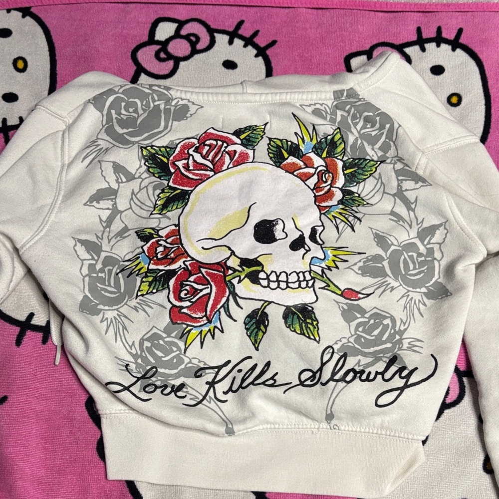 Cropped Ed Hardy White Jacket with Red Heart and Skull Back - Picture 3 of 3
